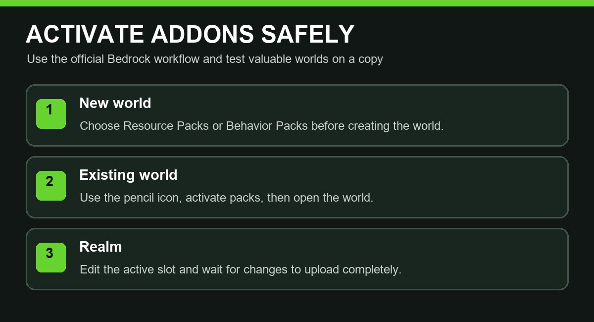 Steps for activating Minecraft Bedrock addons in worlds and Realms